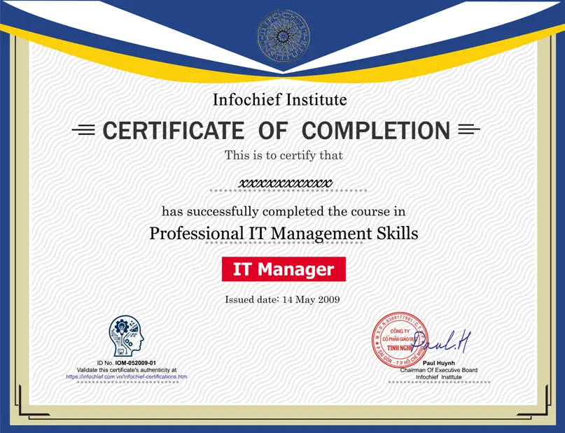 Mẫu chứng nhận Trưởng Phòng IT Chuyên Nghiệp - IT Manager của Infochief Academy